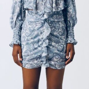 NEW For Love and Lemons Paisley Floral Ruched Mini Skirt Gray Pink Blue Size XL